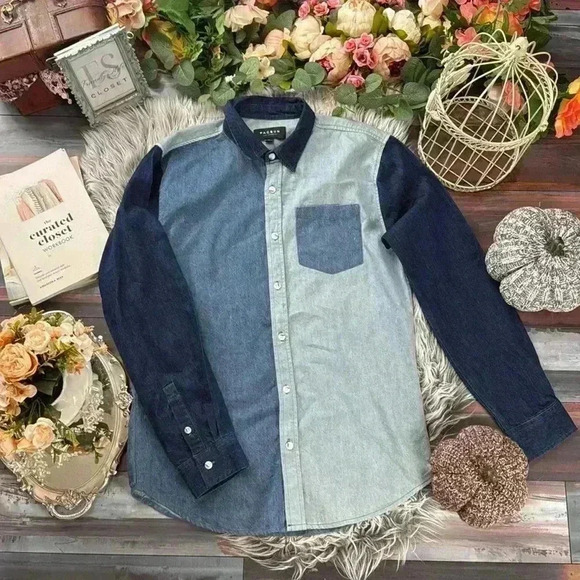 PACSUN Long Sleeve 3 Tone Button Front Denim Shirt Blue Cotton SZ M - Picture 1 of 8